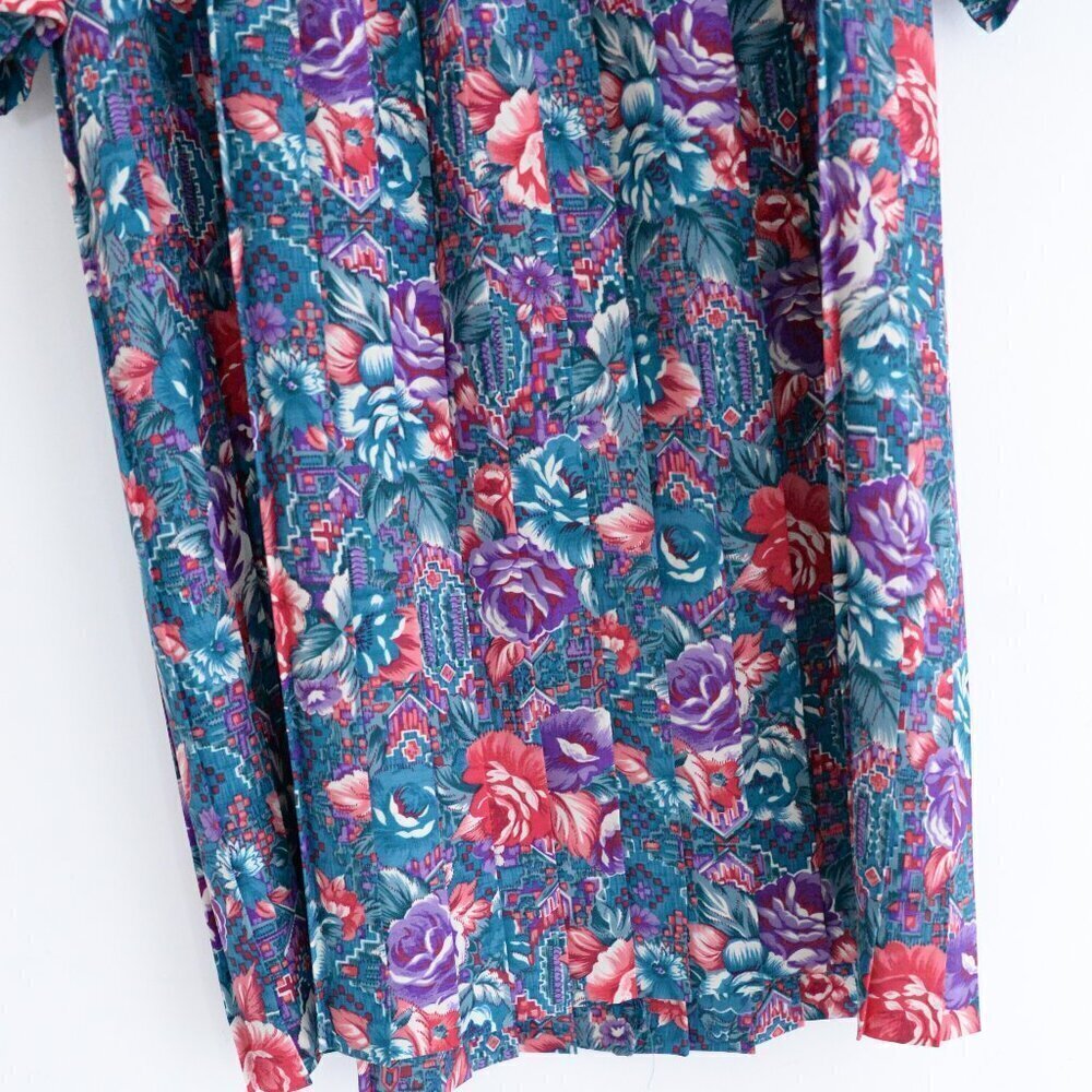 Vintage Schrader Teal Purple Floral Button Front Pleated Maxi Retro 80s Dress 18 - Picture 4 of 14
